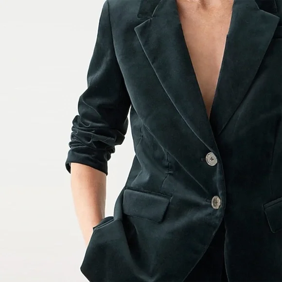 J. Crew - Tall Nipped-in Blazer in Stretch Velvet - Black / Green - Picture 2 of 14